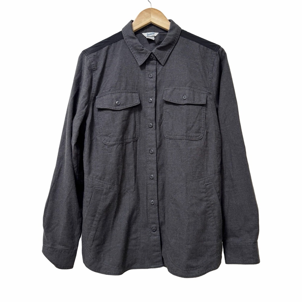Duluth Trading Co Womens Workwear Button Up Shirt Size M Gray Utility Roll Tab